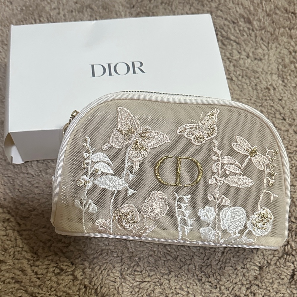 Dior Beige Embroidered Floral & Butterfly Cosmetic Pouch with Gold CD Logo